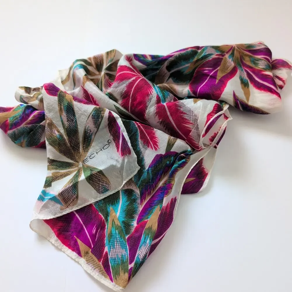 ECHO Silk Scarf‎ Floral Design 52x11 Colorful Bright Pink Blue Vacation Classy